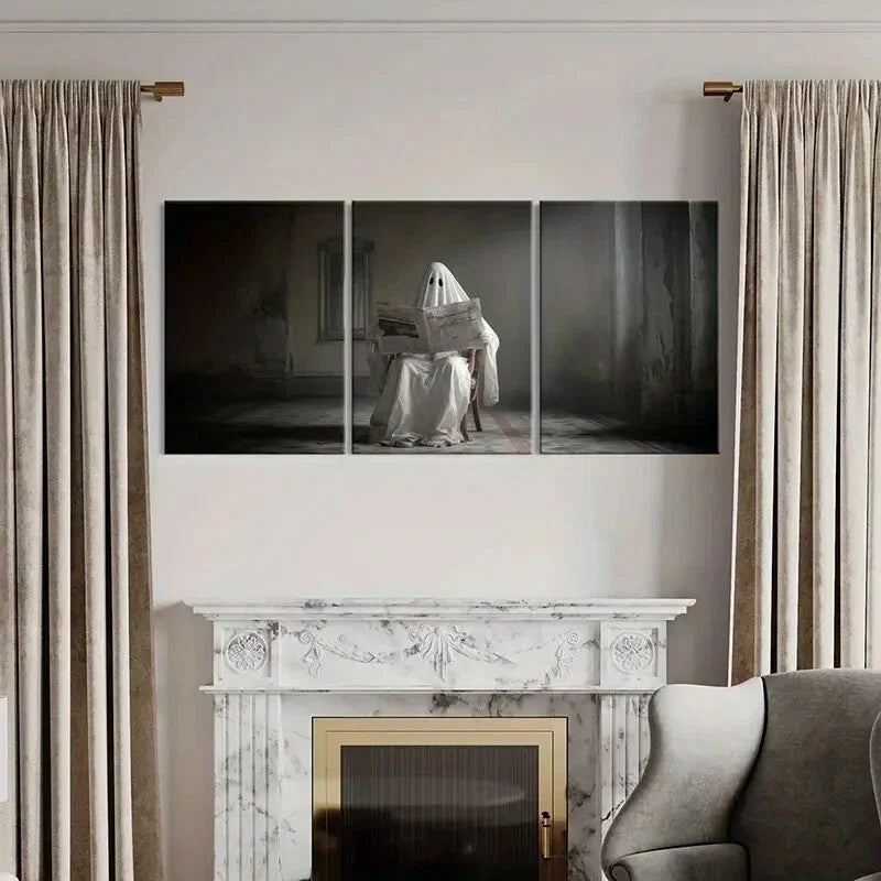3pcs Mysterious Ghost Reading Newspaper Metal Print Ready to Hang Art