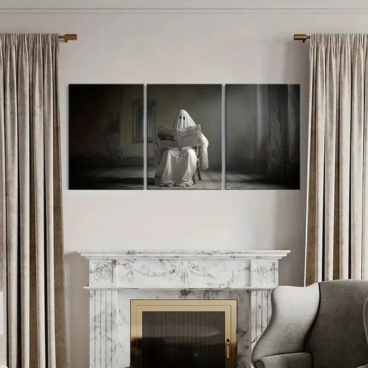 3pcs Mysterious Ghost Reading Newspaper Metal Print Ready to Hang Art