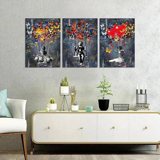 3pcs  Heart and Butterfly Poster Metal Print Ready to Hang Art