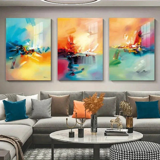 3pcs Abstract Expressionist Vibrant Hand Yellow Metal Print Ready to Hang Art