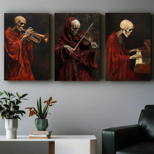 3pcs Abstract Skeletons Playing Music Instruments Metal Print Ready to Hang Art