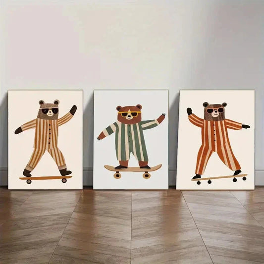 3pcs Modern Whimsical Bear Skateboard Wall Art Metal Print Ready to Hang Art