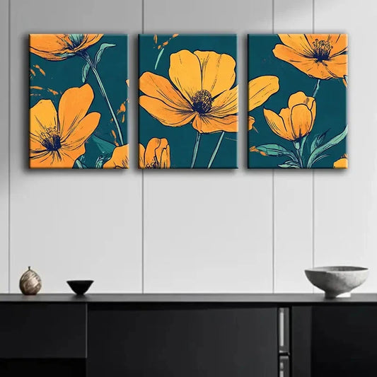 3pcs Orange Floral Colorful Pattern Perfect Wall Art Set Canvas Framed 40x60cm - High Quality Print 100% Australian Made Wall Canvas Ready to Hang