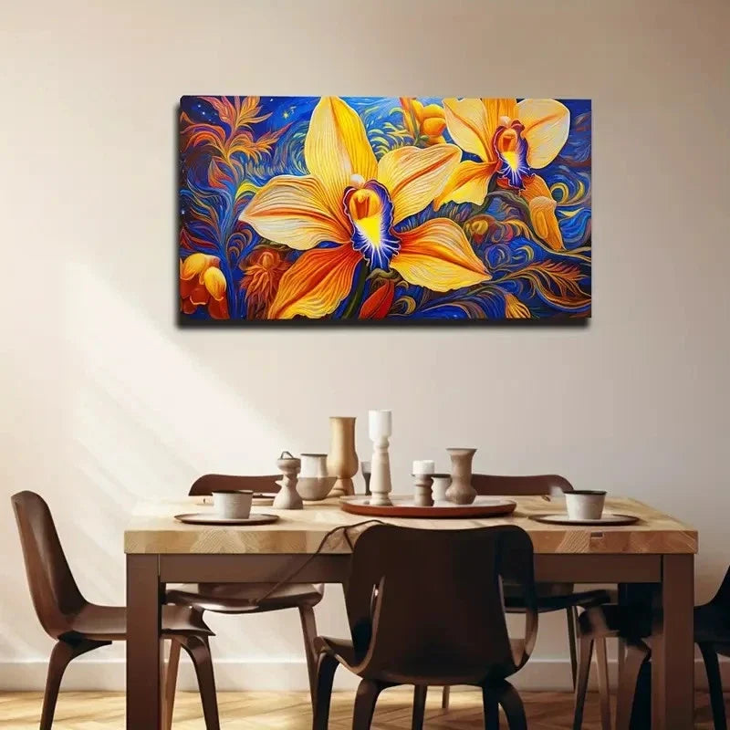 Vibrant Yellow Orchid Wall Art Canvas Office Home Room Framed 80x45cm