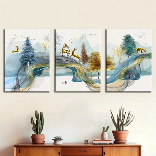 3pcs Modern Geometric Abstract Line Deer Forest Wall Art Set Canvas Framed 40x60cm - High Quality Print 100% Australian Made Wall Canvas Ready to Hang