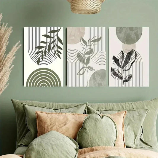 3pcs Geometric Line Circular Branch and Leaf Metal Print Ready to Hang Art