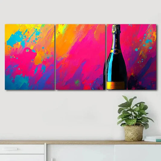 3pcs Colorful Triptych Champagne Bottle Perfect Wall Art Set Canvas Framed 40x60cm - High Quality Print 100% Australian Made Wall Canvas Ready to Hang