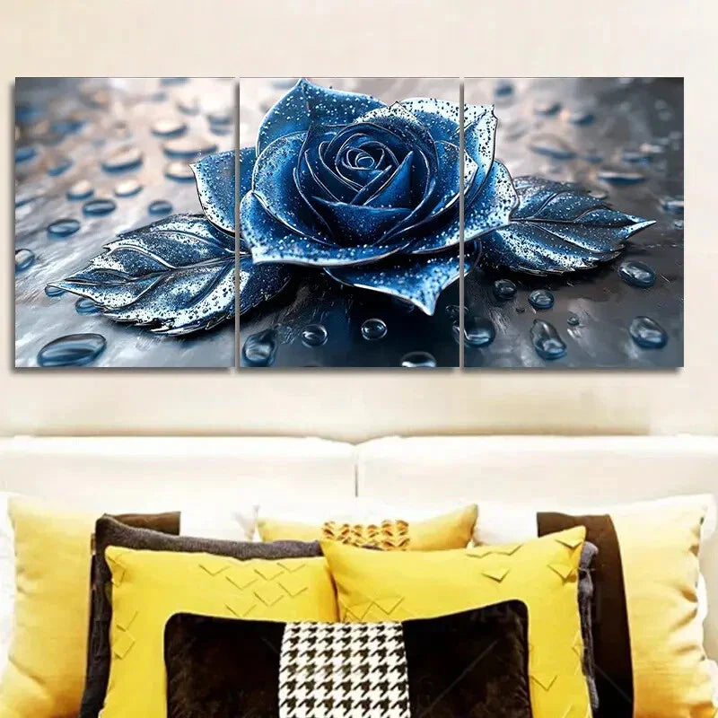 3pcs Blue roses with silver raindrops Metal Print Ready to Hang Art
