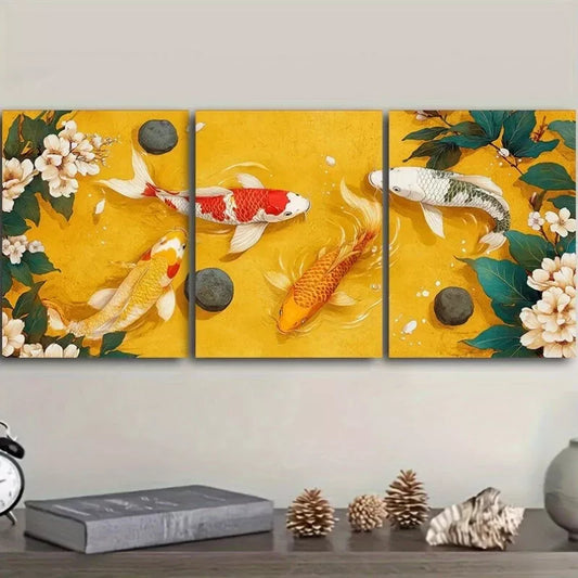 3pcs Koi Fish In A Pond Of Stones And Flowers   Wall Art Set Canvas Framed 40x60cm - High Quality Print 100% Australian Made Wall Canvas Ready to Hang