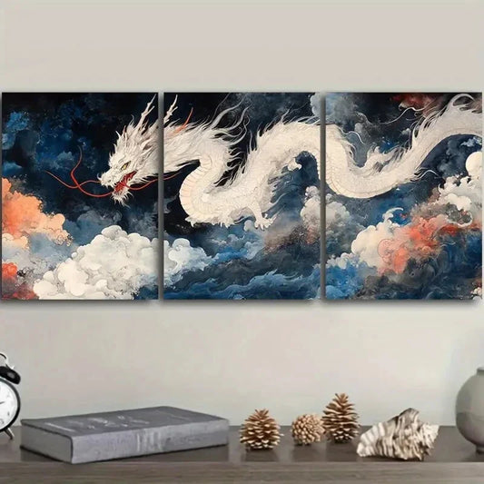 3pcs White Dragon in Cloud Sea Metal Print Ready to Hang Art