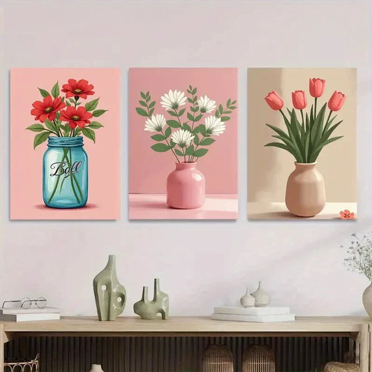 3pcs Realistic Flower Vase Blue, Pink, And Beige Wall Art Set Canvas Framed 40x60cm - High Quality Print 100% Australian Made Wall Canvas Ready to Hang