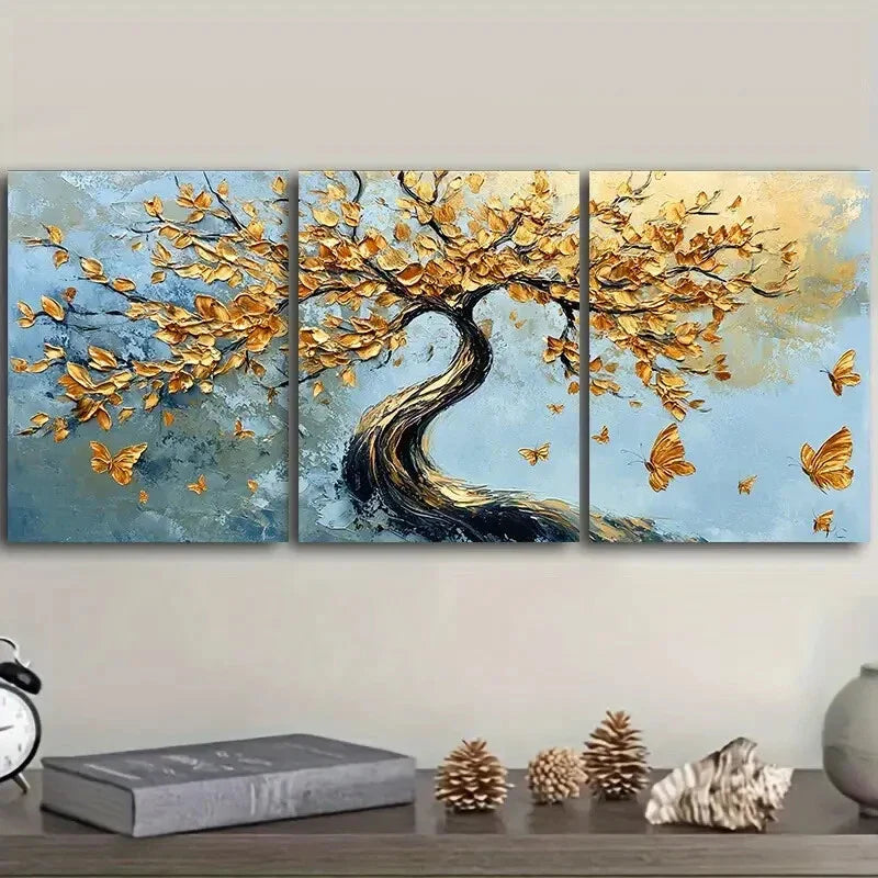 3pcs An abstract tree with golden leaves Wall Art Set Canvas Framed 40x60cm - High Quality Print 100% Australian Made Wall Canvas Ready to Hang