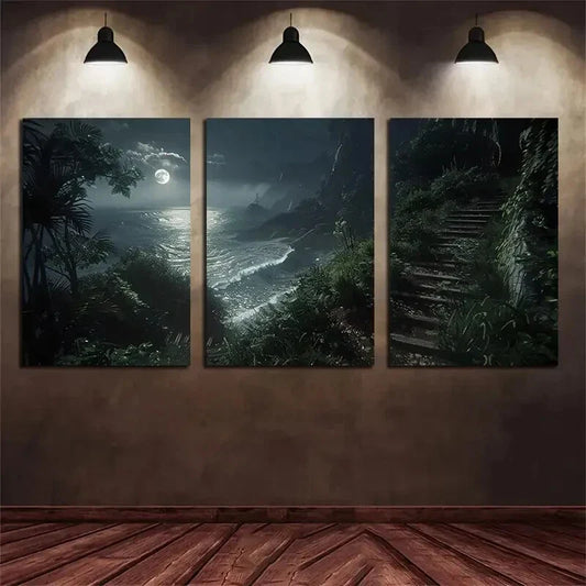 3pcs Ocean Moonlight Scenic Night Sky Metal Print Ready to Hang Art