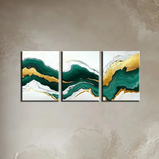 3pcs Abstract Marble Golden & Teal Swirls Metal Print Ready to Hang Art