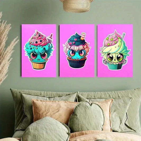 3pcs Cute Ice Cream Cupcake Cartoon Metal Print Ready to Hang Art