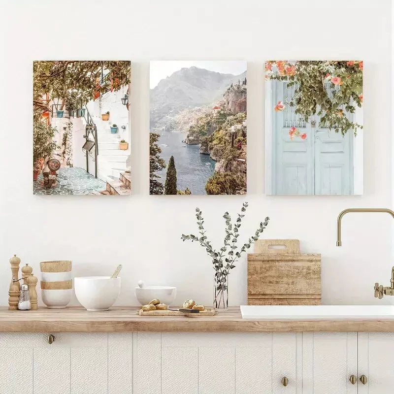 3pcs Mediterranean Positano Amalfi Coast Canvas Framed 40x60cm - High Quality Print 100% Australian Made Wall Canvas Ready to Hang