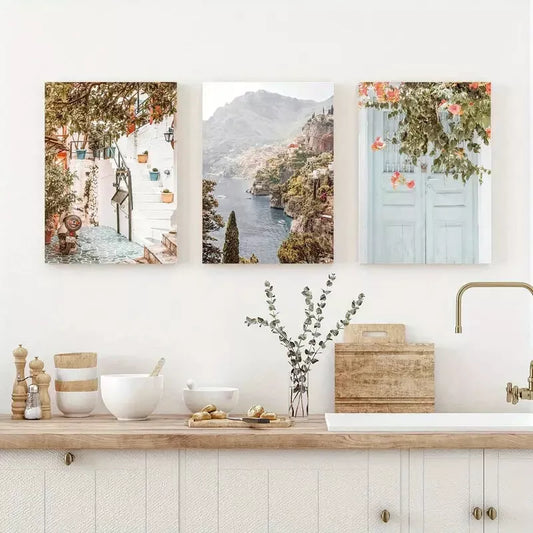 3pcs Mediterranean Positano Amalfi Coast Canvas Framed 40x60cm - High Quality Print 100% Australian Made Wall Canvas Ready to Hang