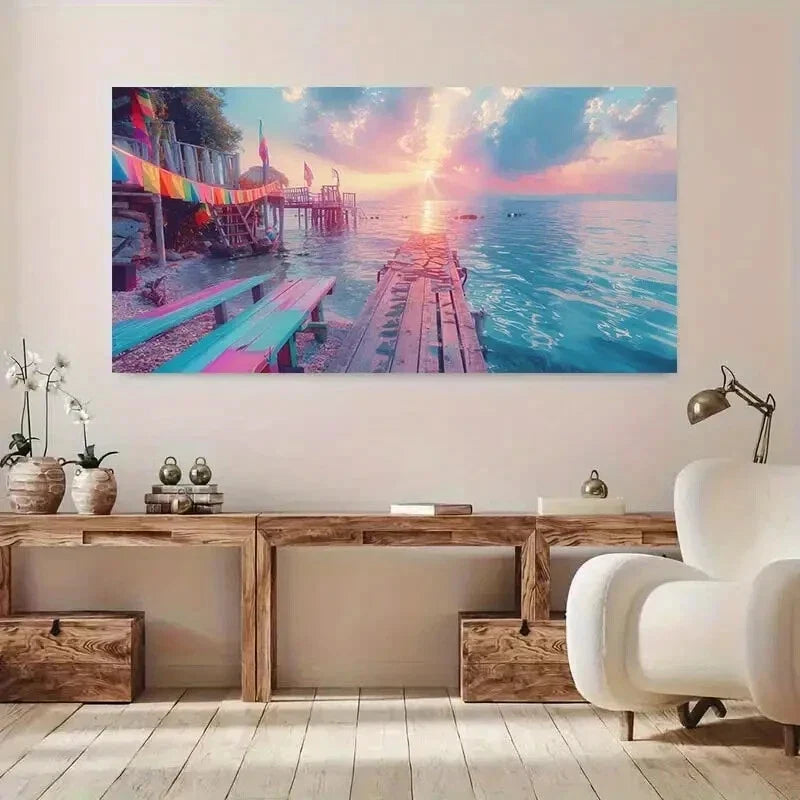 Pink Sunset Over River wall canvas office home room framed 120x60cm