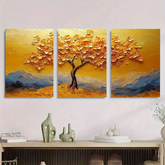 3pcs Abstract Golden Tree Vibrant Autumn Metal Print Ready to Hang Art