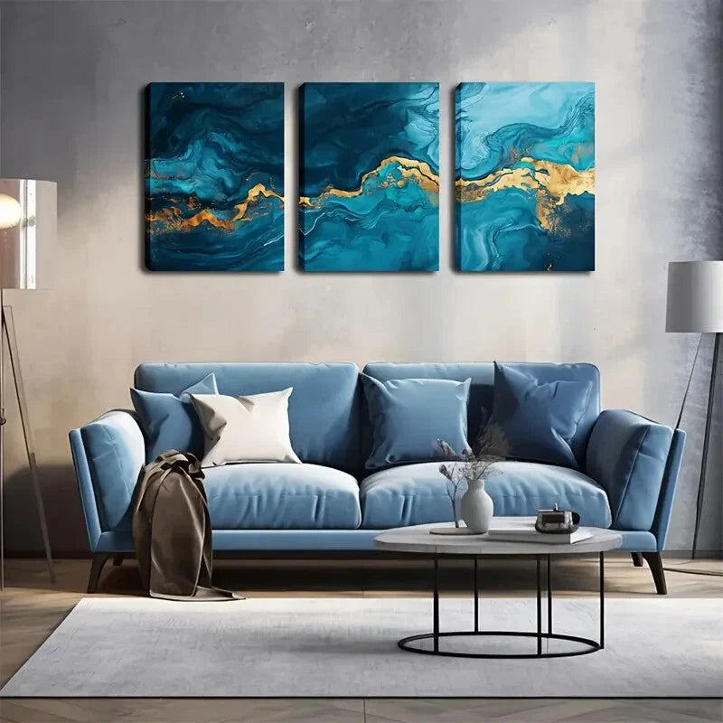 3pcs Dreamy Blue Ocean with Golden Accents Wall Art Set Canvas Framed 40x60cm - High Quality Print 100% Australian Made Wall Canvas Ready to Hang