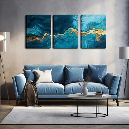 3pcs Dreamy Blue Ocean with Golden Accents Wall Art Set Canvas Framed 40x60cm - High Quality Print 100% Australian Made Wall Canvas Ready to Hang