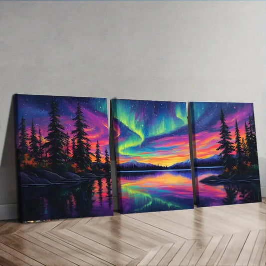 3pcs Aurora Forest Colorful Evening Dark Perfect Wall Art Set Canvas Framed 40x60cm - High Quality Print 100% Australian Made Wall Canvas Ready to Hang
