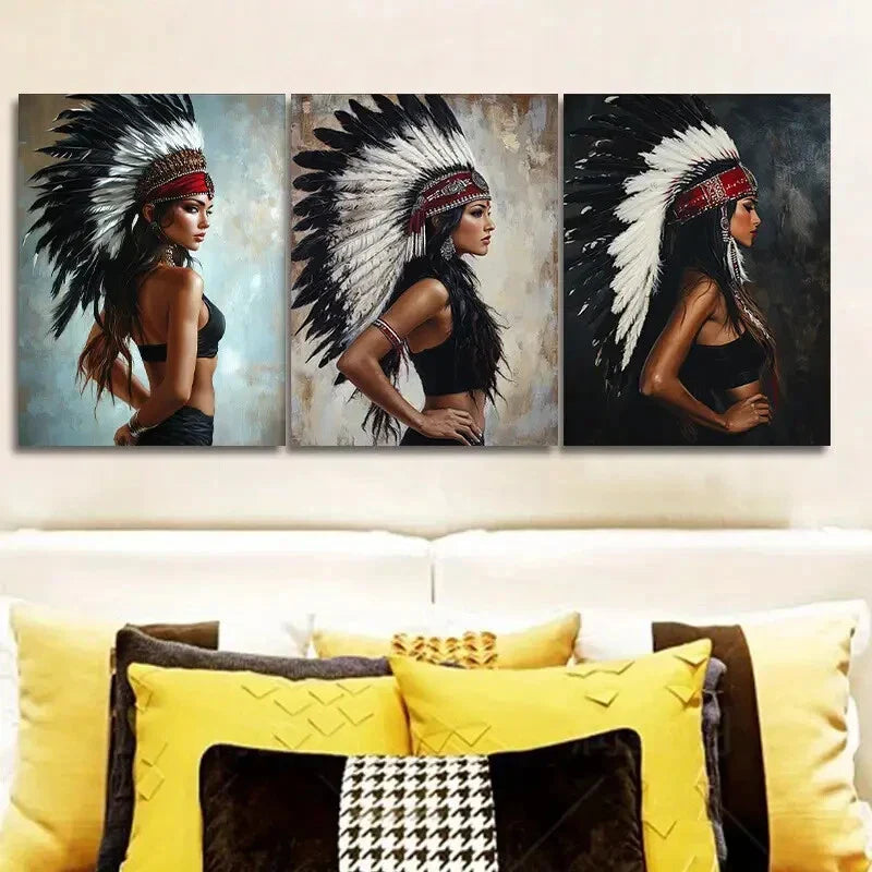 3pcs  Indian girls wear feathered headdresses  Wall Art Set Canvas Framed 40x60cm - High Quality Print 100% Australian Made Wall Canvas Ready to Hang
