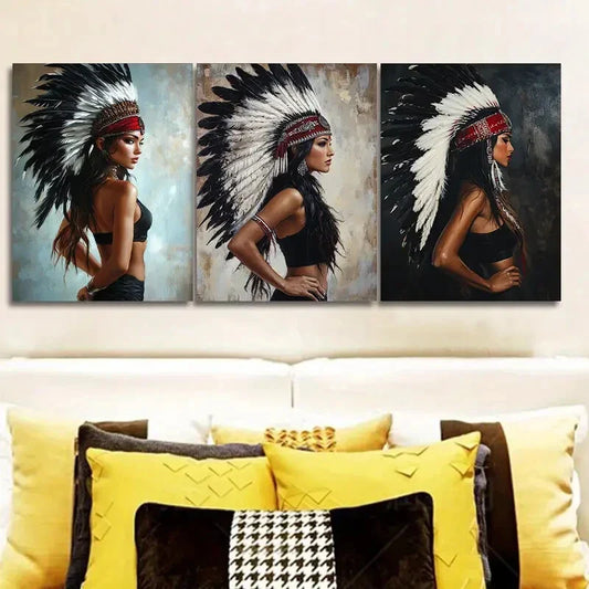 3pcs  Indian girls wear feathered headdresses  Wall Art Set Canvas Framed 40x60cm - High Quality Print 100% Australian Made Wall Canvas Ready to Hang
