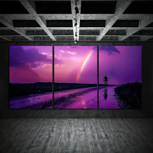 3pcs Vibrant Rainbow Road Silhouette Metal Print Ready to Hang Art