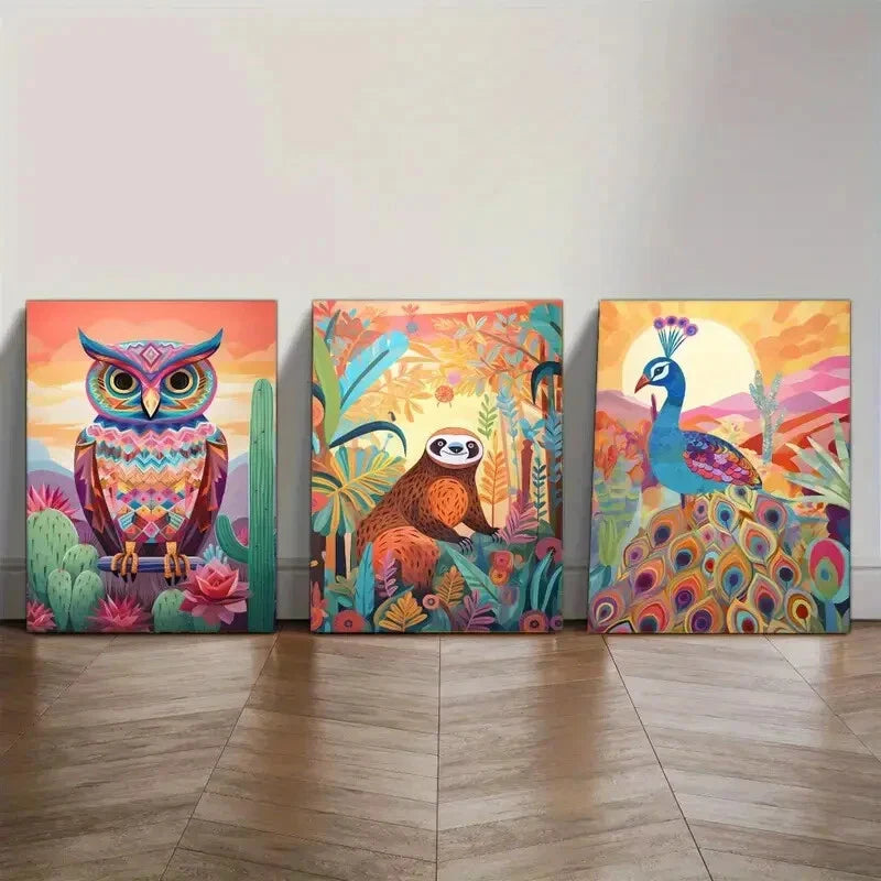 3pcs Owl Sloth Peacock Colorful Abstract Wild Metal Print Ready to Hang Art