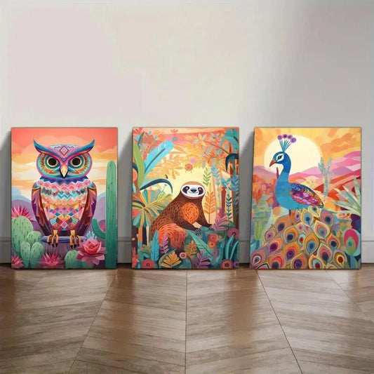 3pcs Owl Sloth Peacock Colorful Abstract Wild Metal Print Ready to Hang Art