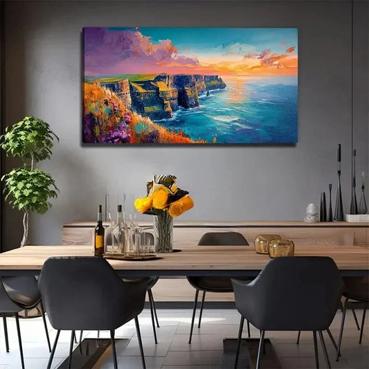 Vibrant Cliffs By The Sea Land Wall Art Canvas Office Home Room Framed 120x60cm