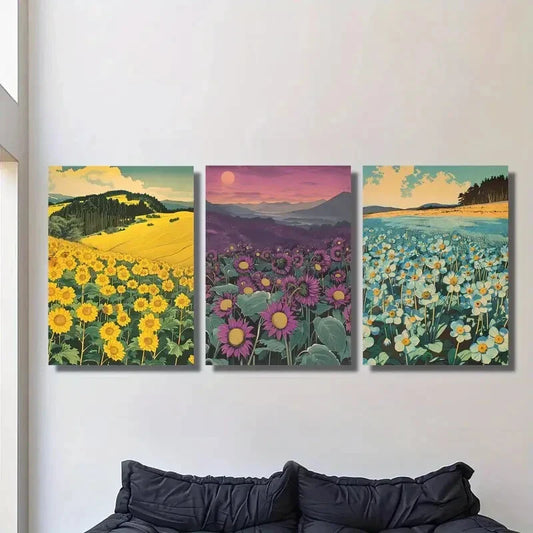 3pcs Yellow, Purple, Blue Flower Fields  Metal Print Ready to Hang Art