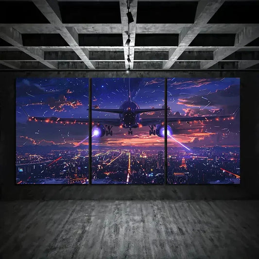 3pcs Airplane Night Flight with Illuminated Wings Metal Print Ready to Hang Art