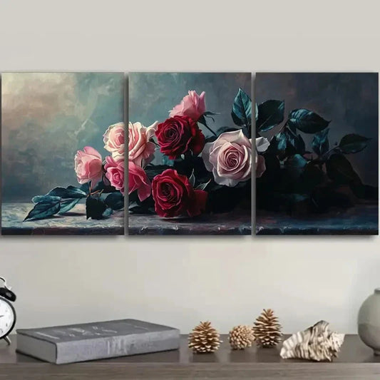 3pcs Oil painting pink and white rose Metal Print Ready to Hang Art