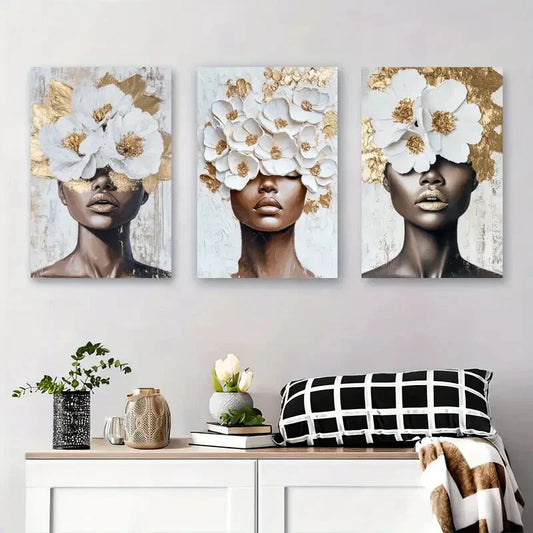 3pcs Elegant Floral Crown Woman Portrait Metal Print Ready to Hang Art