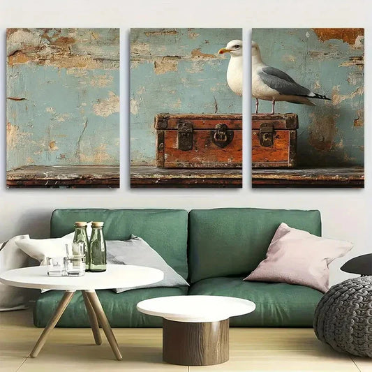 3pcs Seagull with Antique Treasure Metal Print Ready to Hang Art