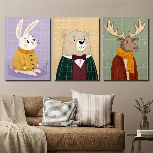 3pcs Cute Rabbit Bear And Deer Cartoon Animal Metal Print Ready to Hang Art