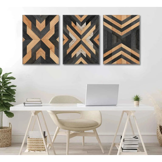 3pcs Black and Brown Abstract Geometric Metal Print Ready to Hang Art
