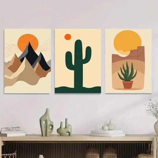 3pcs Abstract Cactus & Mountains, Pine Wood Metal Print Ready to Hang Art