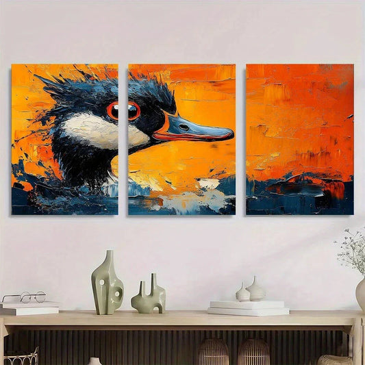 3pcs Vibrant Abstract Duck Modern Orange & Yellow Metal Print Ready to Hang Art