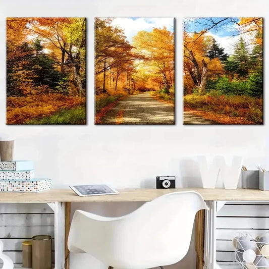 3pcs Autumn Forest Canvas Vibrant Fall Scenery Art Metal Print Ready to Hang Art
