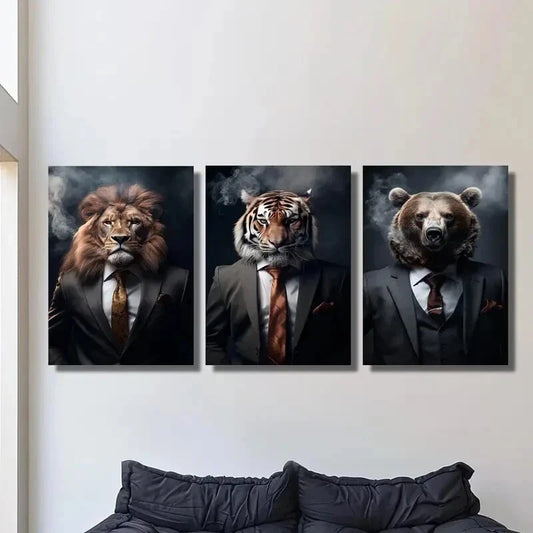 3pcs , Modern Animal Businessmen Metal Print Ready to Hang Art