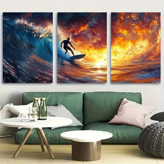 3pcs Surfer Catching Wave During Sunset Metal Print Ready to Hang Art