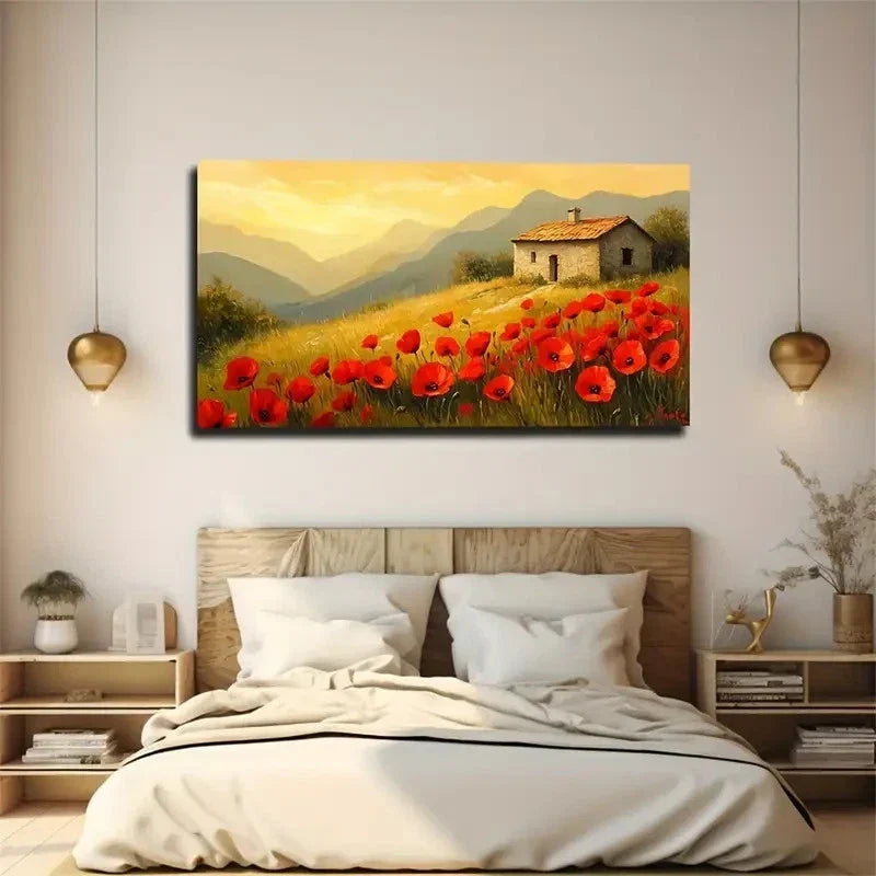 Mountain Cabin With Red Flowers Wall Art Canvas Office Home Room Framed 120x60cm