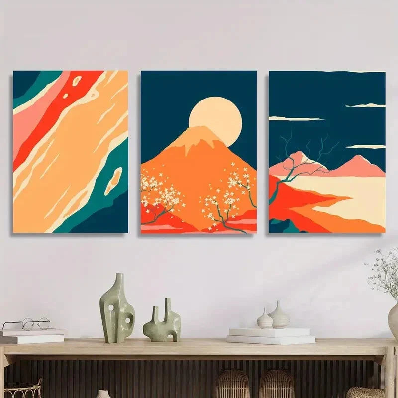 3pcs Cherry Blossom Mountain and Sun,   Metal Print Ready to Hang Art
