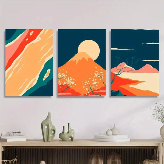 3pcs Cherry Blossom Mountain and Sun,   Metal Print Ready to Hang Art