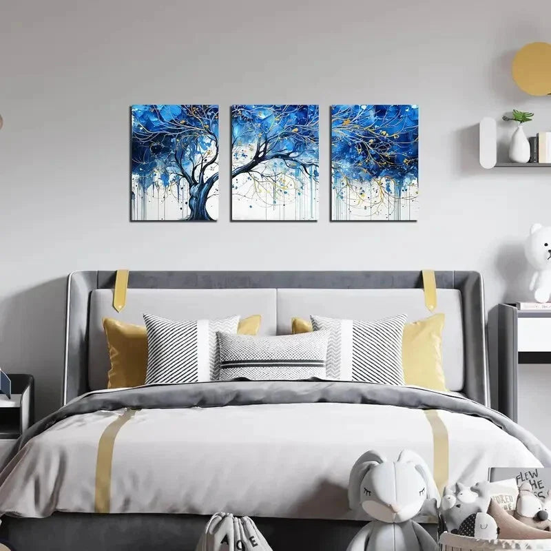 3pcs Prints with Vibrant Blue & White Design Metal Print Ready to Hang Art
