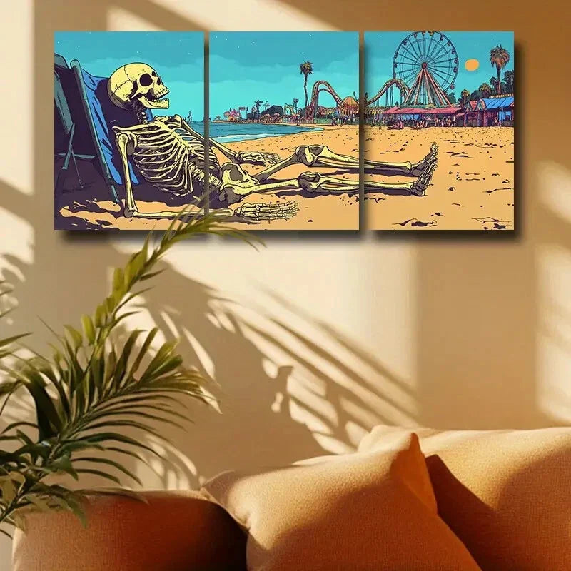 3pcs Sunbathing Skeletons Beach Scene Metal Print Ready to Hang Art
