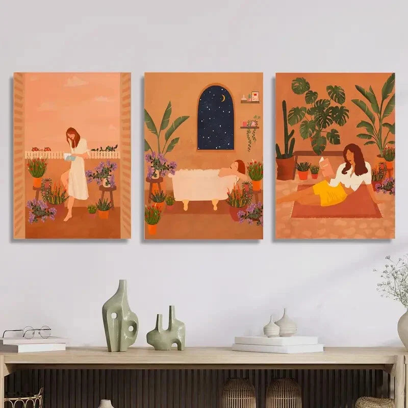 3pcs  Serene Plant & Girl Illustrations Metal Print Ready to Hang Art
